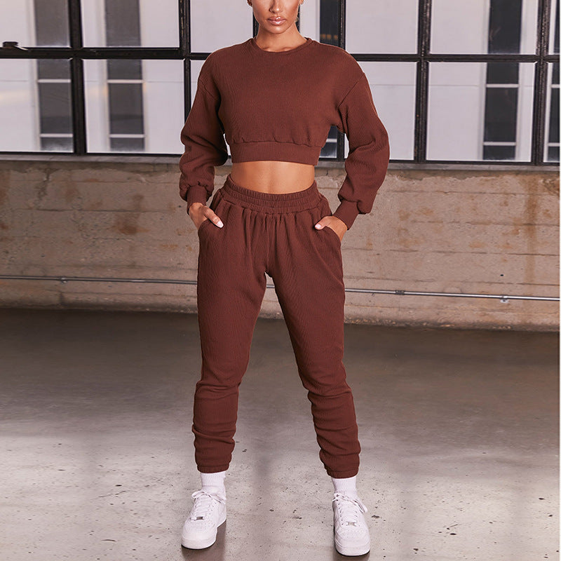 Women's rib-knit cropped tops & sweatpants 2 pieces tracksuits fitness sports activewear