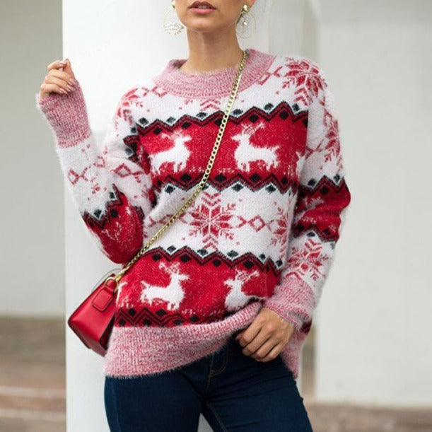 Deer Snowflake Knit Christmas Sweater Womens - fashionshoeshouse