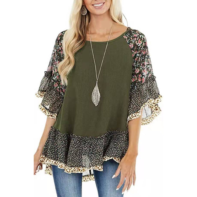 Women's floral printed half sleeves batwing sleeves tops spring summer ruffles pullovers tops