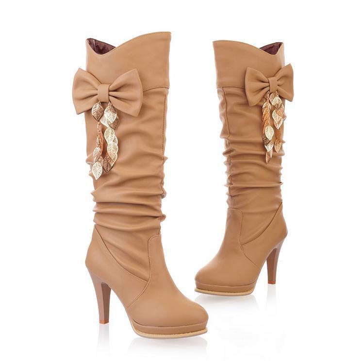 Women sweet bowknot tassels high heel slouch knee high boots