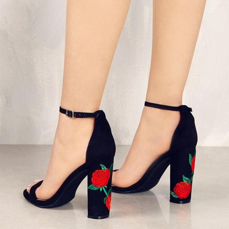 Flower embroidery chunky high heeled sandals with ankle buckle strap