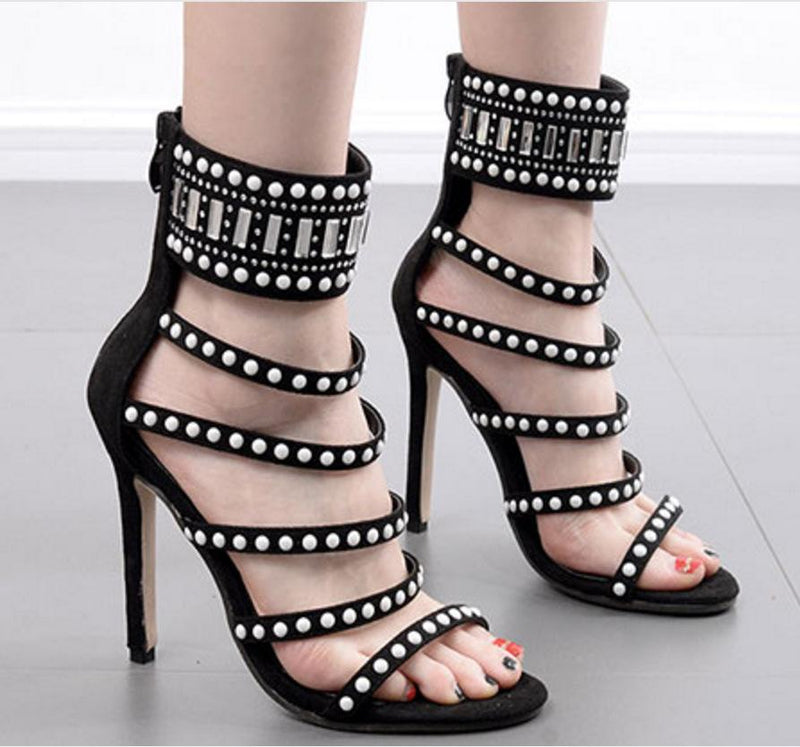 Women's sexy pearl beads strappy stiletto high heels