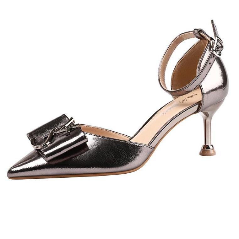 Women's metallic ankle buckle strap closed toe heels