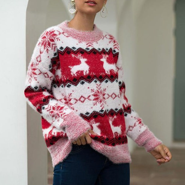Deer Snowflake Knit Christmas Sweater Womens - fashionshoeshouse