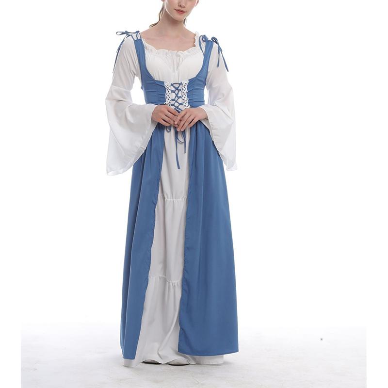 Renaissance Costumes Dress Gown for Women | Retro Trumpet Sleeves Fancy Medieval Gothic Lace Up Dress