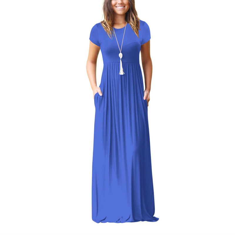 Women's short sleeves A line plain maxi dress with pockets