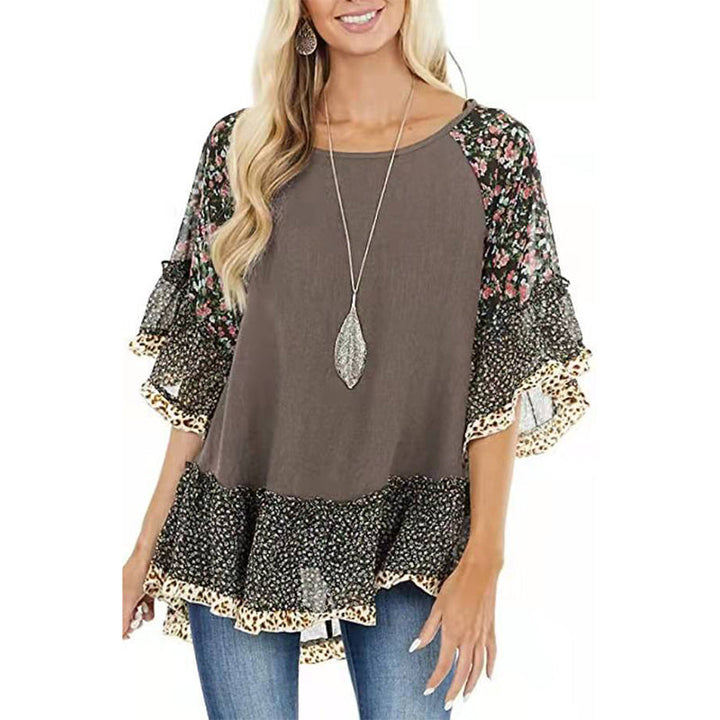 Women's floral printed half sleeves batwing sleeves tops spring summer ruffles pullovers tops