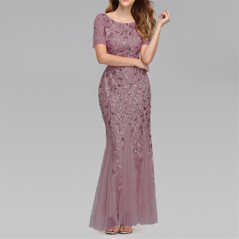 Women's sequins mesh lace mermaid maxi dress short sleeves slimming evening party prom banquet bridal dress