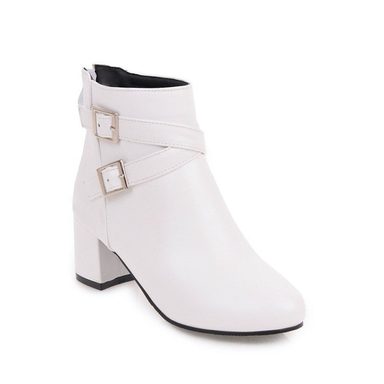 Criss buckle strap block heel ankle boots with side zipper