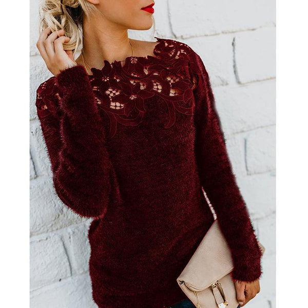 Women lace neck pullover tunic fuzzy sweater