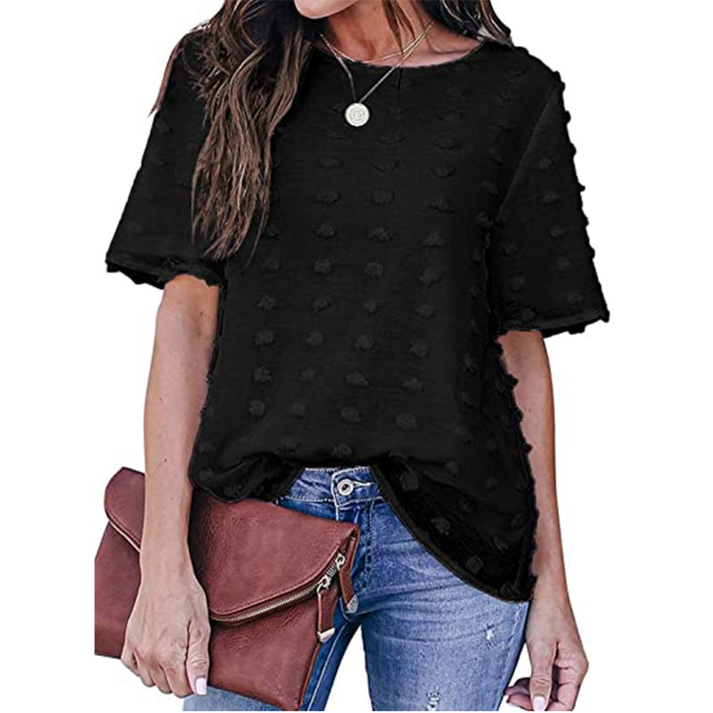 Women's swiss dot mesh crewneck short sleeves shirts Summer loose fit chiffon blouse tops