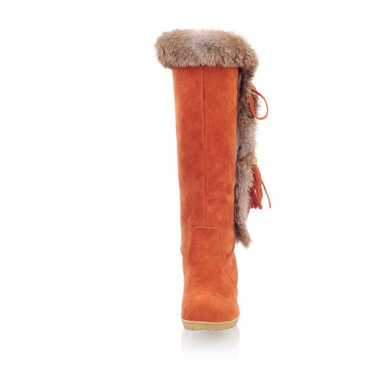 Women's warm cotton lining mid calf wedge snow boots tassels décor fur trim fashion winter boots