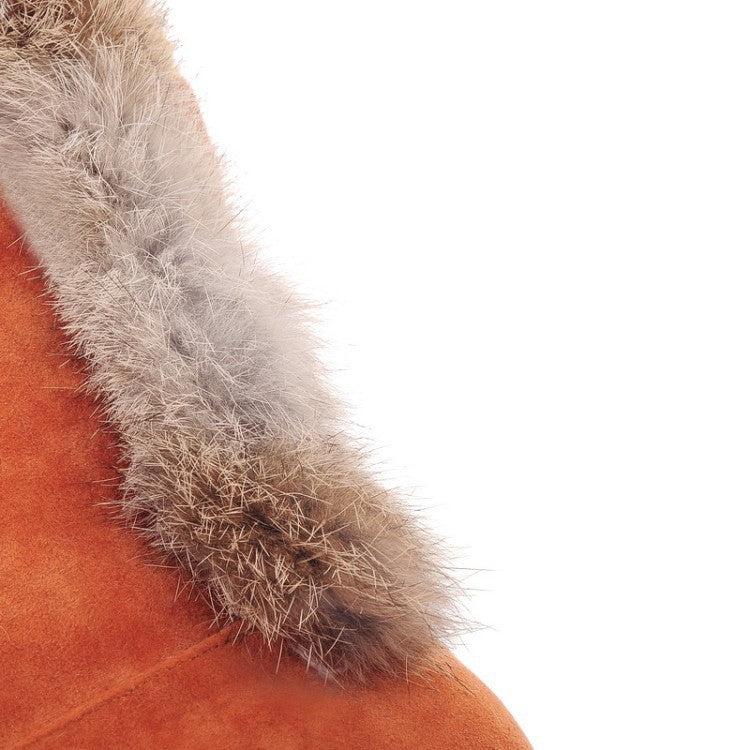 Women's warm cotton lining mid calf wedge snow boots tassels décor fur trim fashion winter boots