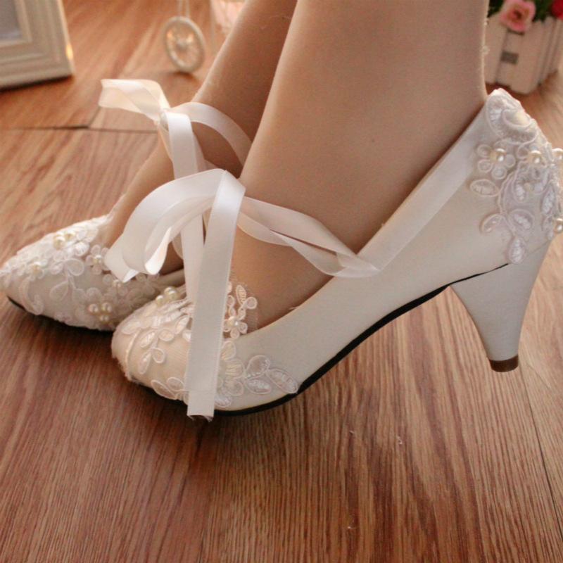 Women's white lace comfortabe wedding shoes