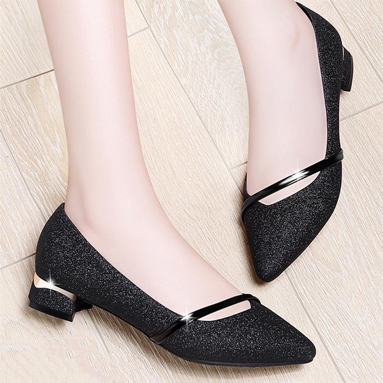 Women's low block heel pointed toe pumps elegant shallow heels