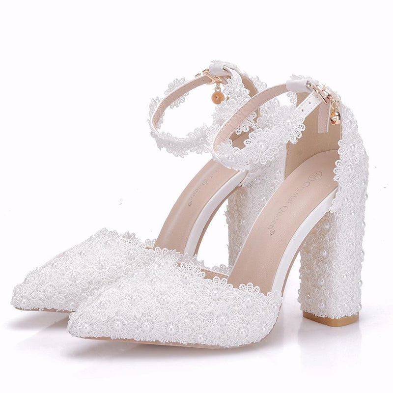 Women's white lace ankle strap chunky high heels wedding shoes