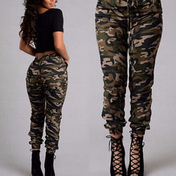 Women's camo elastic waistband cargo pants black green camouflage tapered jogger pants
