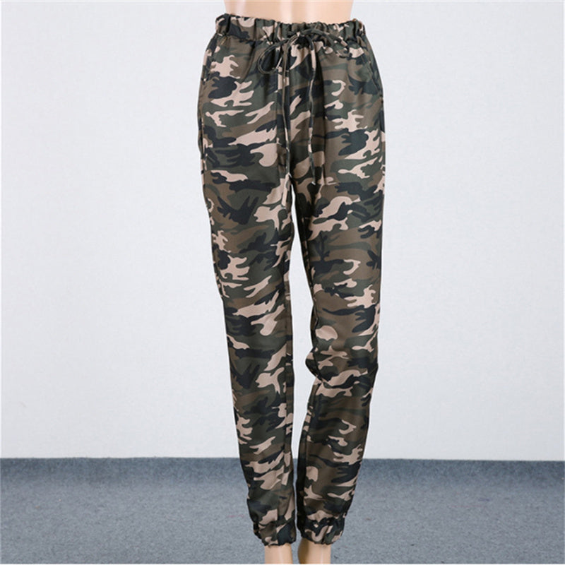 Women's camo elastic waistband cargo pants black green camouflage tapered jogger pants