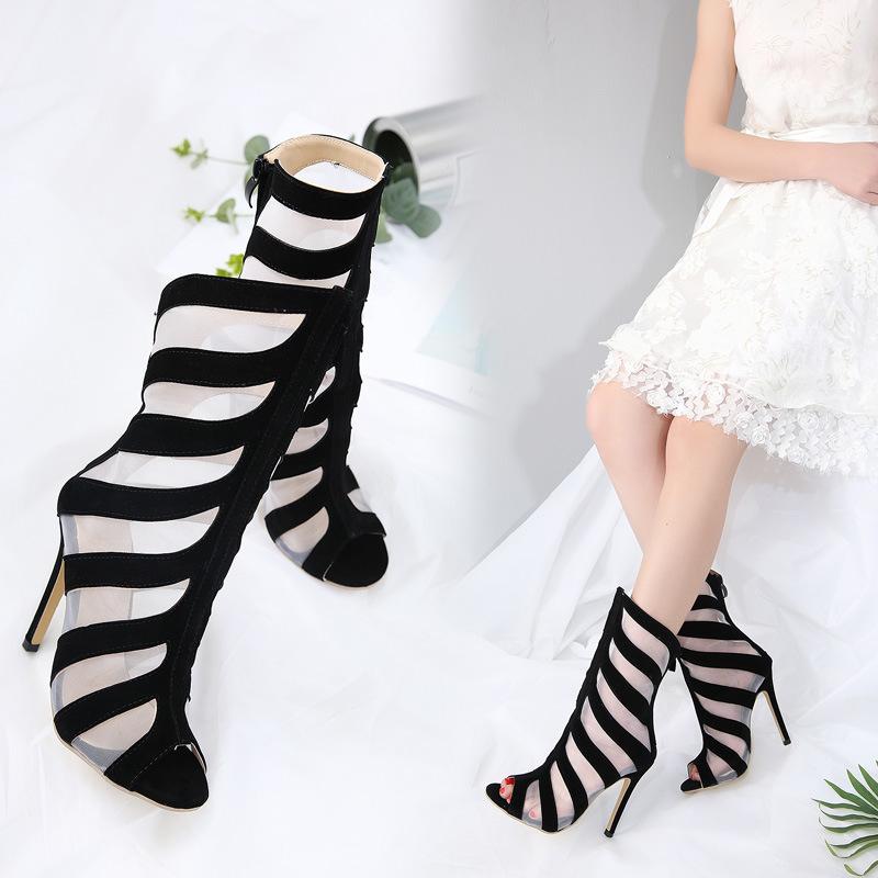 Women's black peep toe sandals booties | mesh hollow sexy mid calf summer booties