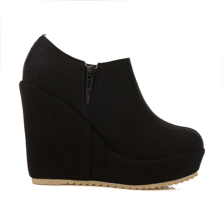 Wedge heel ankle boots side zip slip on round toe boots