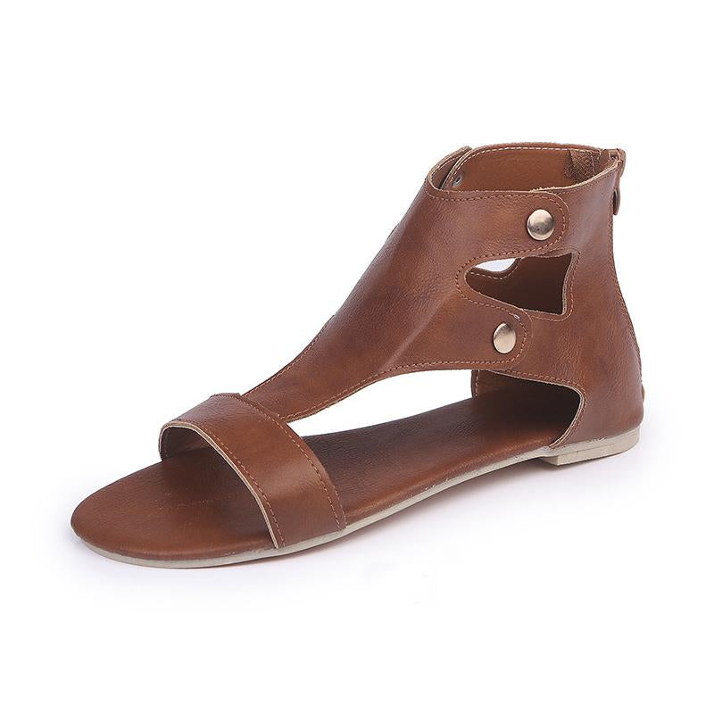 Roman Style Rivet Flat Open Toe Back Zipper Strap Sandals - fashionshoeshouse