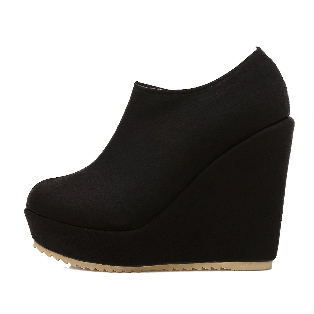 Wedge heel ankle boots side zip slip on round toe boots