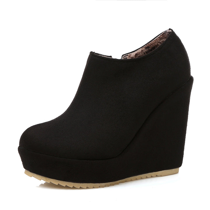 Wedge heel ankle boots side zip slip on round toe boots