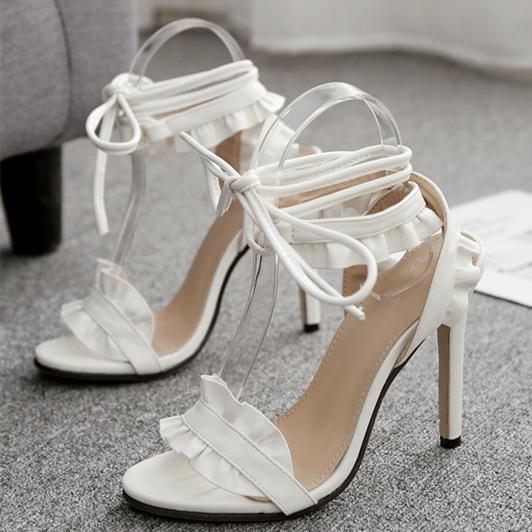 Women's white ruffle trim sandals heels ankle strappy high heel peep toe sandals