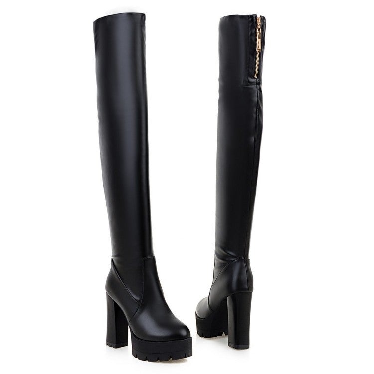 Women's PU leather chunky high heel thigh high boots | Platform over the knee boots
