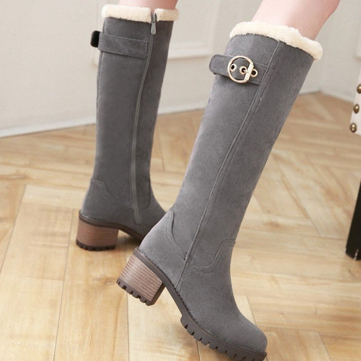 Women's knee high plush lining snow boots chunky block heel tall boots for winter