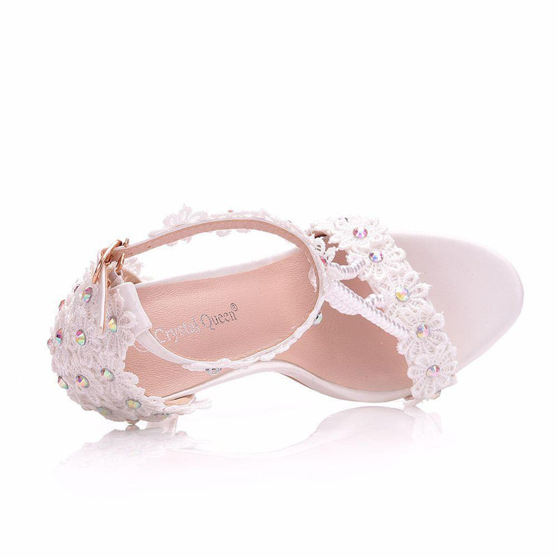 Women's floral lace pearls peep toe stiletto wedding sandals 4.3"