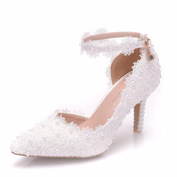 3 inch White lace pearls closed toe wedding sandals