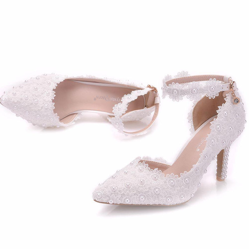 3 inch White lace pearls closed toe wedding sandals