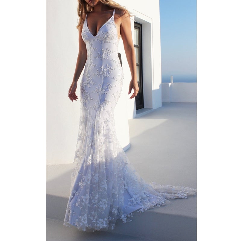 White paghetti strap mermaid maxi dress summer party dress