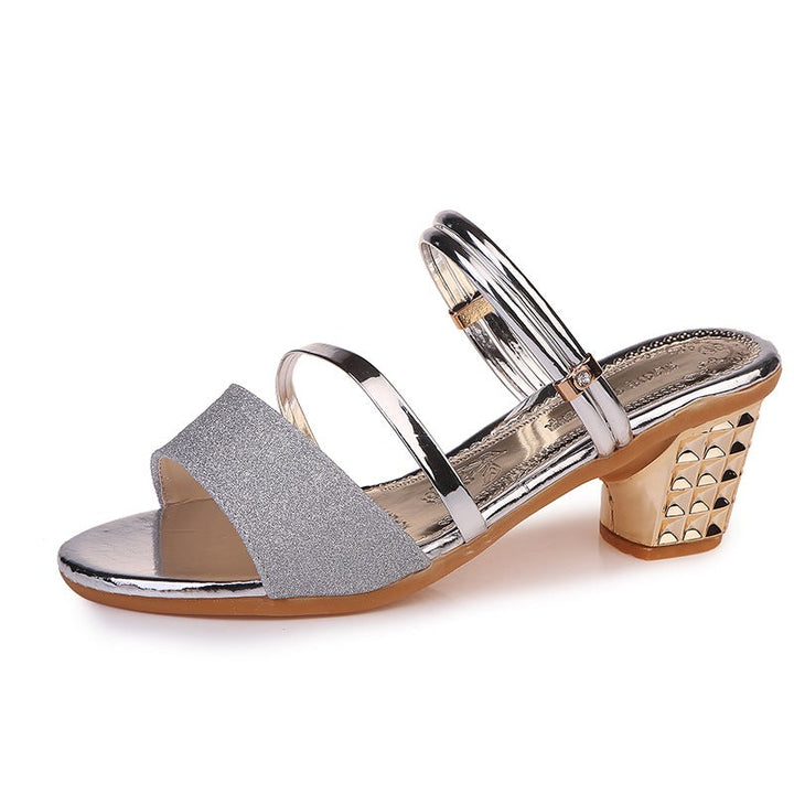Women's summer gold silver shining slip on block heels