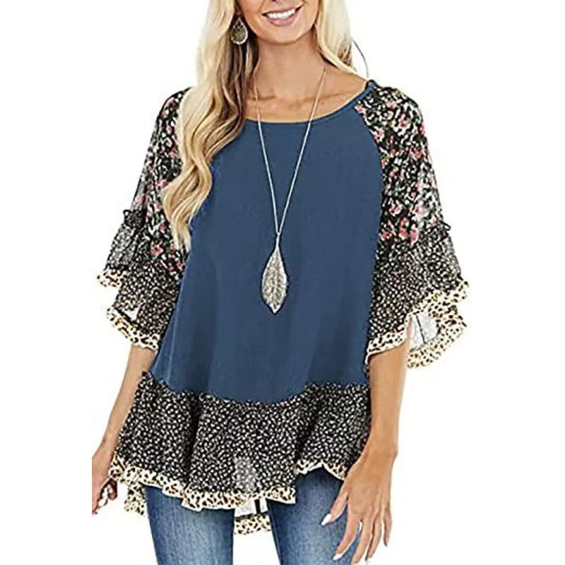 Women's floral printed half sleeves batwing sleeves tops spring summer ruffles pullovers tops