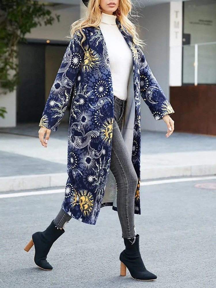Fashion solor system print long cardigan button up turn-down collor coat