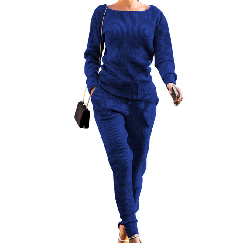 Women's fall winter rib-knit sweater top & long Pants set | 2 Piece outfits tracksuit lounge suits