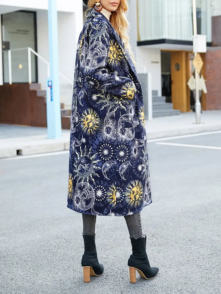 Fashion solor system print long cardigan button up turn-down collor coat