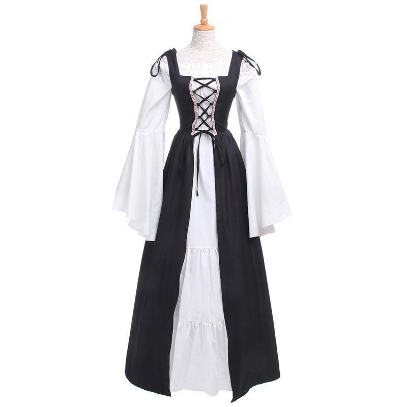 Renaissance Costumes Dress Gown for Women | Retro Trumpet Sleeves Fancy Medieval Gothic Lace Up Dress