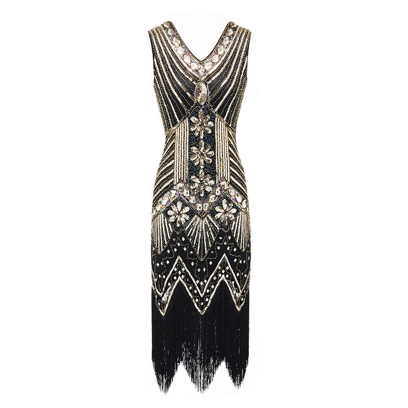 Women's 1920s Sequins Flapper Dresses V Neck Sleevesless Fringed Dress vintage banquet evening party dress