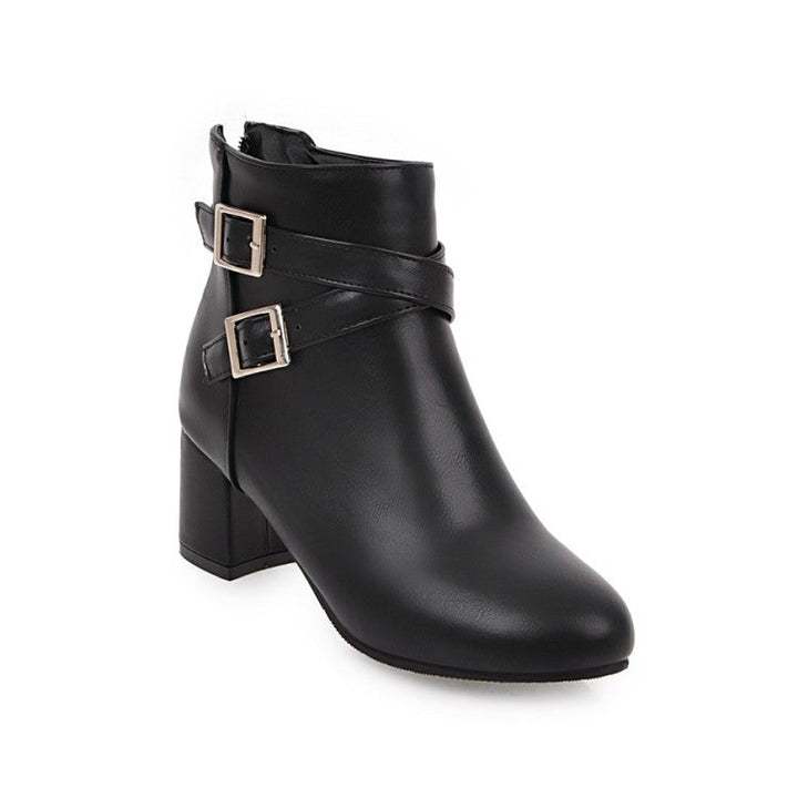 Criss buckle strap block heel ankle boots with side zipper