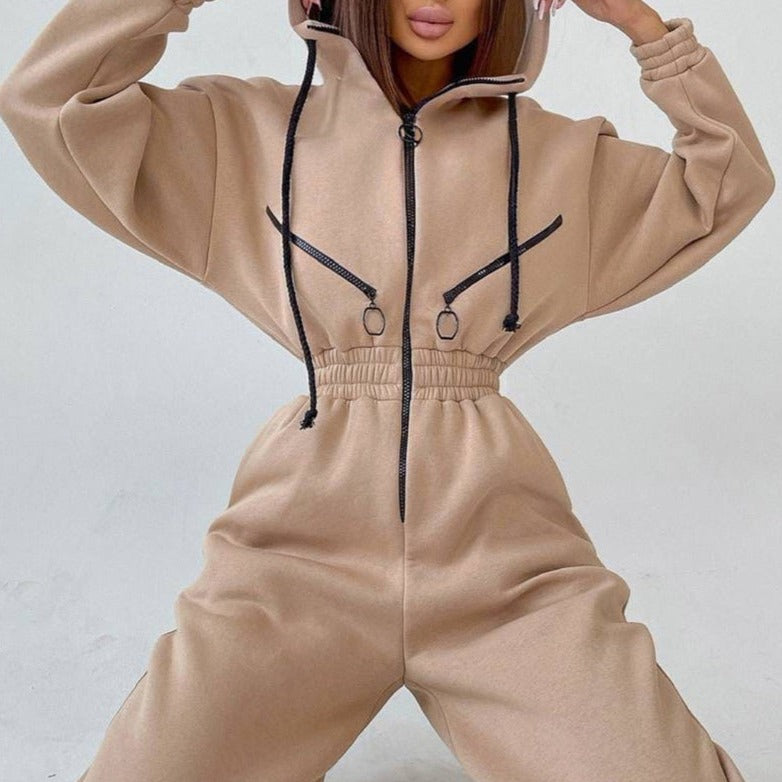 Women's hooded elastic waistband sweat jumpsuits workout tracksuit