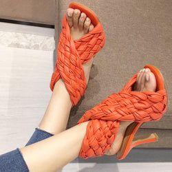 Women's trendy woven criss cross slip on peep toe heels