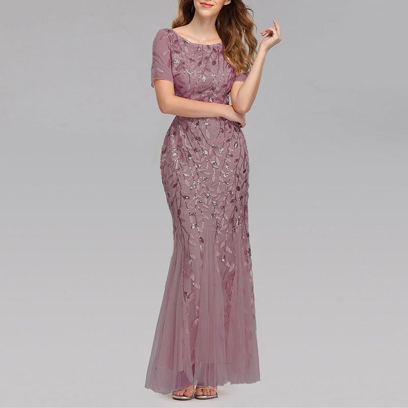 Women's Illusion Embroidery Elegant Mermaid Evening Dress | Sequins Shining Banquet Dress