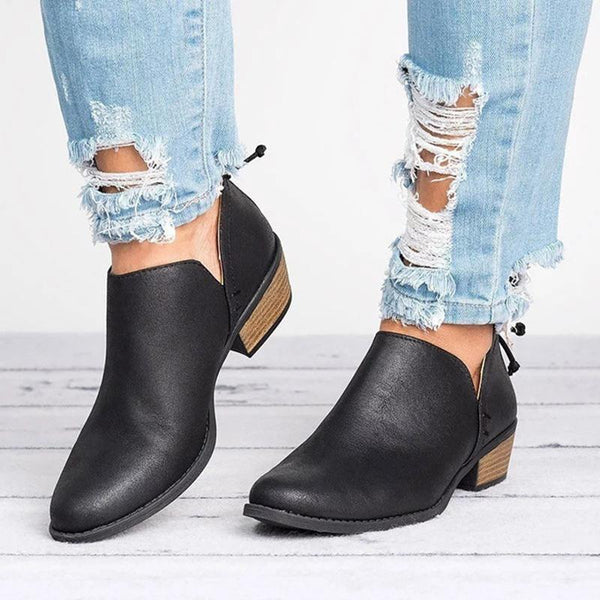 Women Cut Out Ankle Slip-On Booties Low Heel Cute Short Boots - fashionshoeshouse