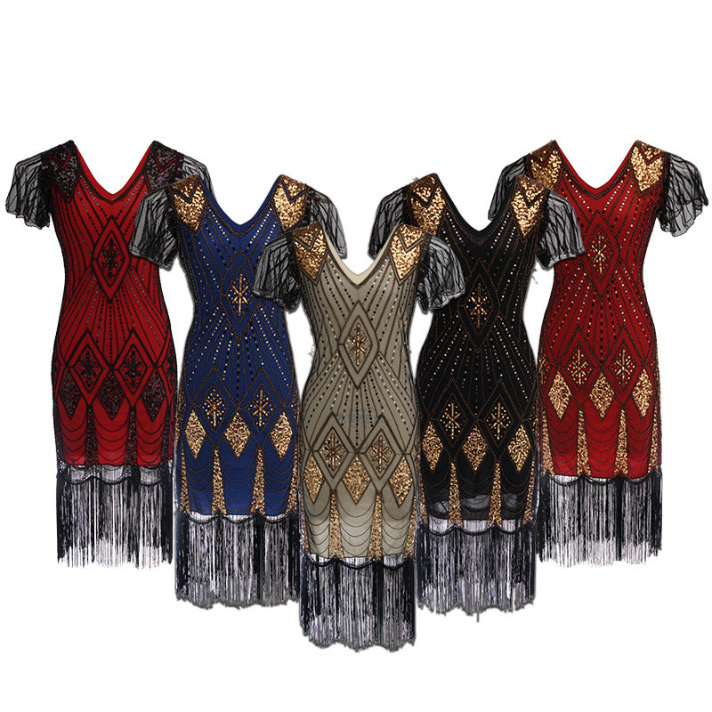 Women's 1920s Sequins Flapper Dresses V Neck Fringed Dress vintage banquet evening party dress