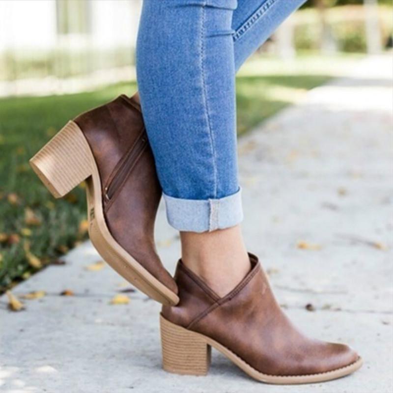 Side Zip Chunky Booties Low Heel Closed Toe Faux Stacked Ankle Boots - fashionshoeshouse
