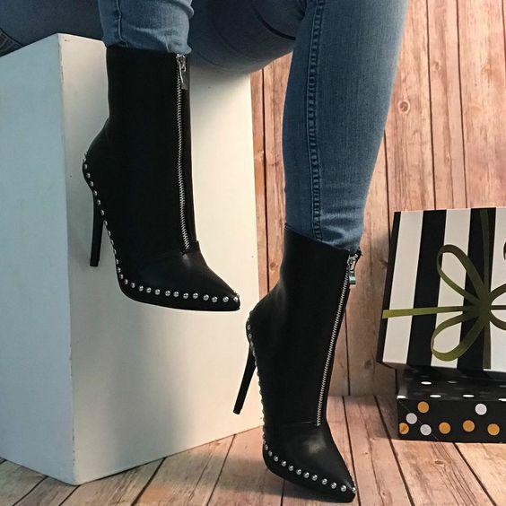 Women's studded pointed toe front zipper stiletto dress booties