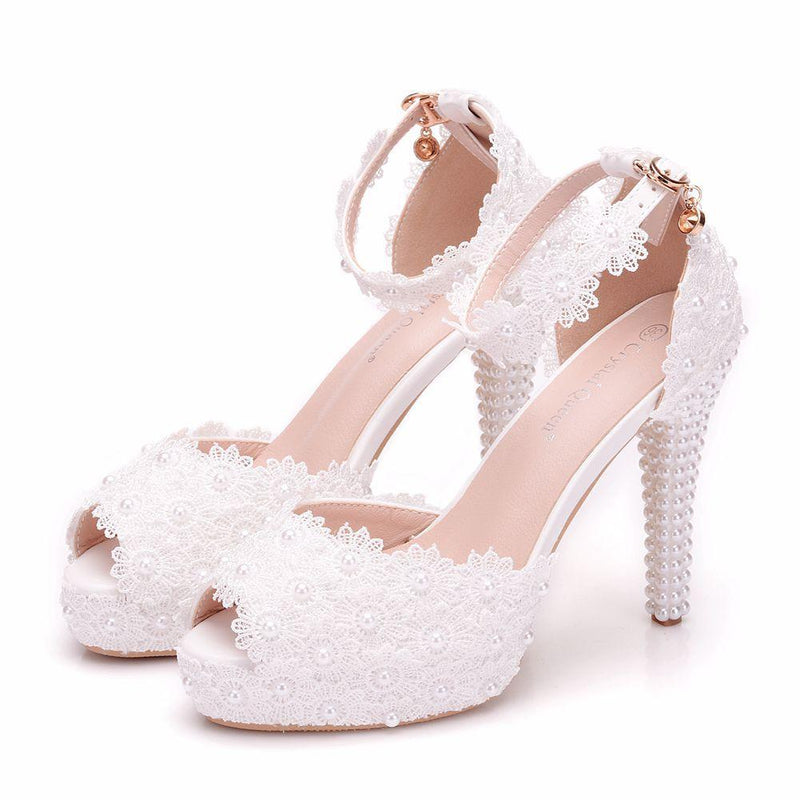 Women's white flroal lace pearls peep toe bridal shoes 4 inch